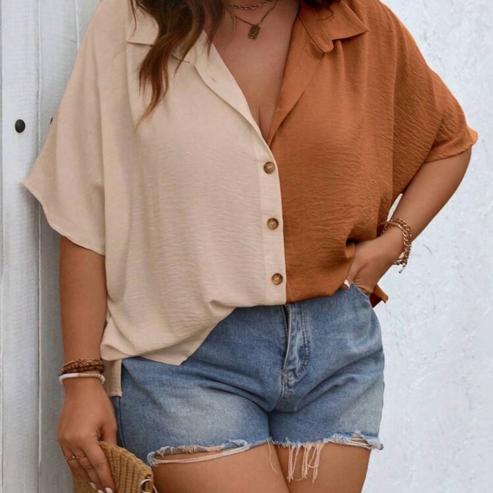 PLUS Beige and Brown Casual Button Down Shirt